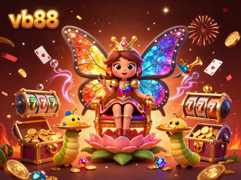 Win big at VB88 with a colorful casino illustration featuring slots, a butterfly queen, and energetic game elements.