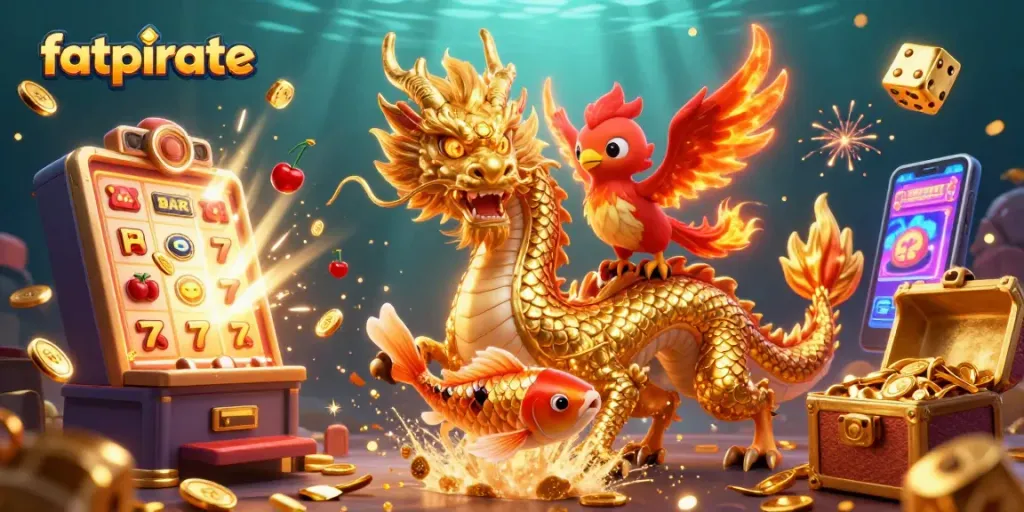 Experience the excitement of fatpirate with a vibrant 3D casino scene filled with lucky symbols and rich game elements.