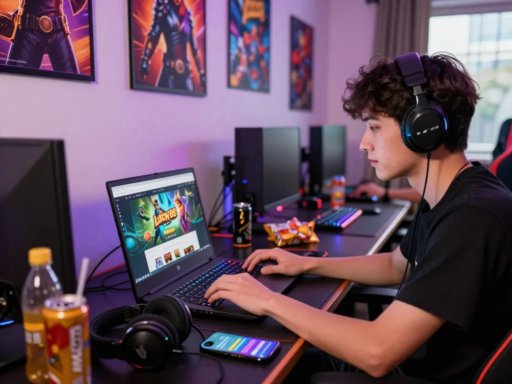 Lucky88 đăng nhập displayed on a laptop in an engaging gaming setup with colorful decor.