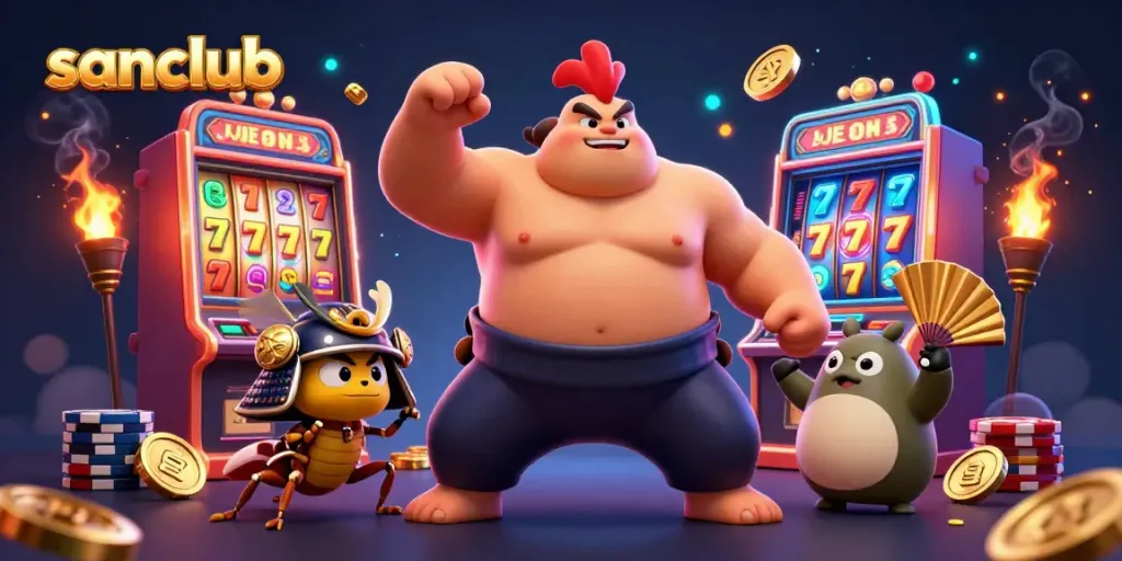 Experience the thrill of sanclub with vibrant game characters and dynamic casino elements in this colorful illustration.