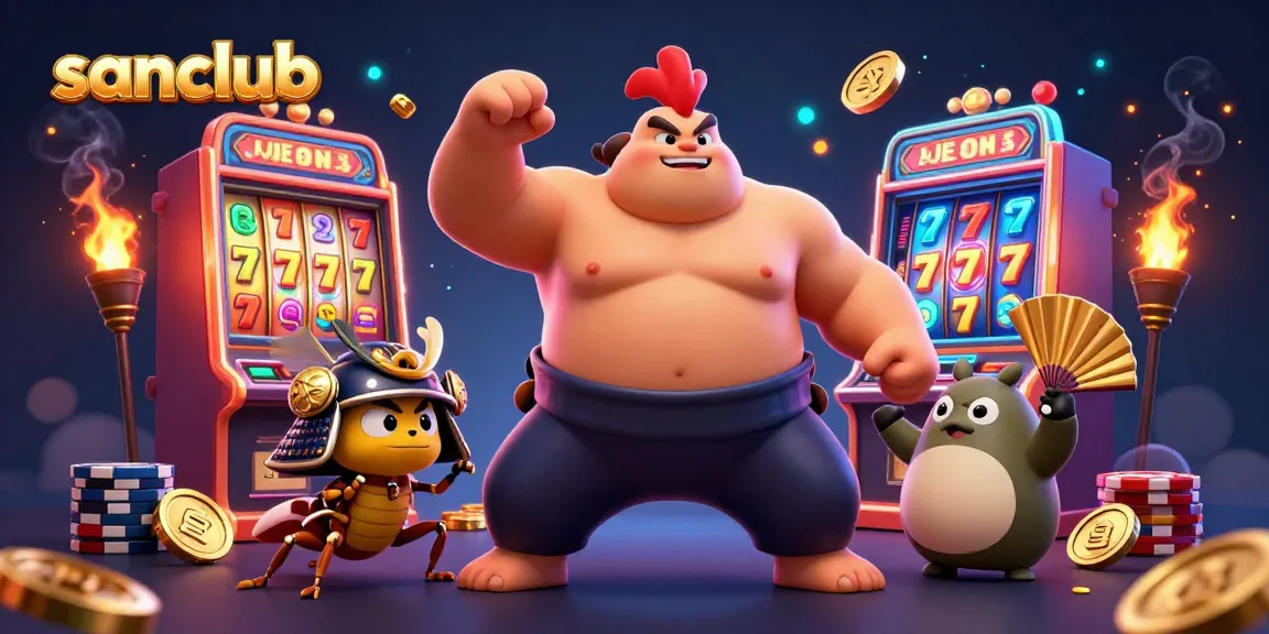 Experience the thrill of sanclub with vibrant game characters and dynamic casino elements in this colorful illustration.