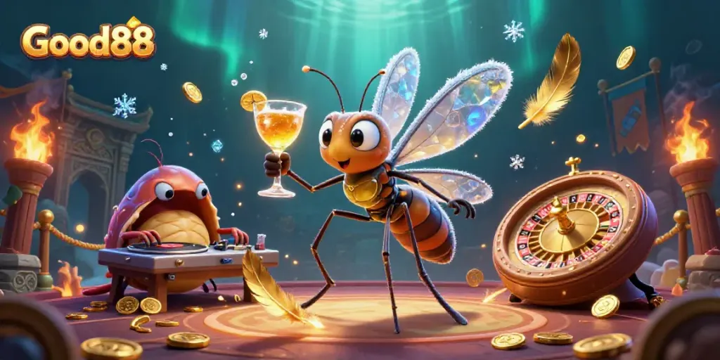 Good88 casino mascot brings excitement with animated elements and vibrant effects in this dynamic illustration.
