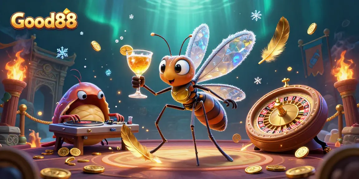 Good88 casino mascot brings excitement with animated elements and vibrant effects in this dynamic illustration.