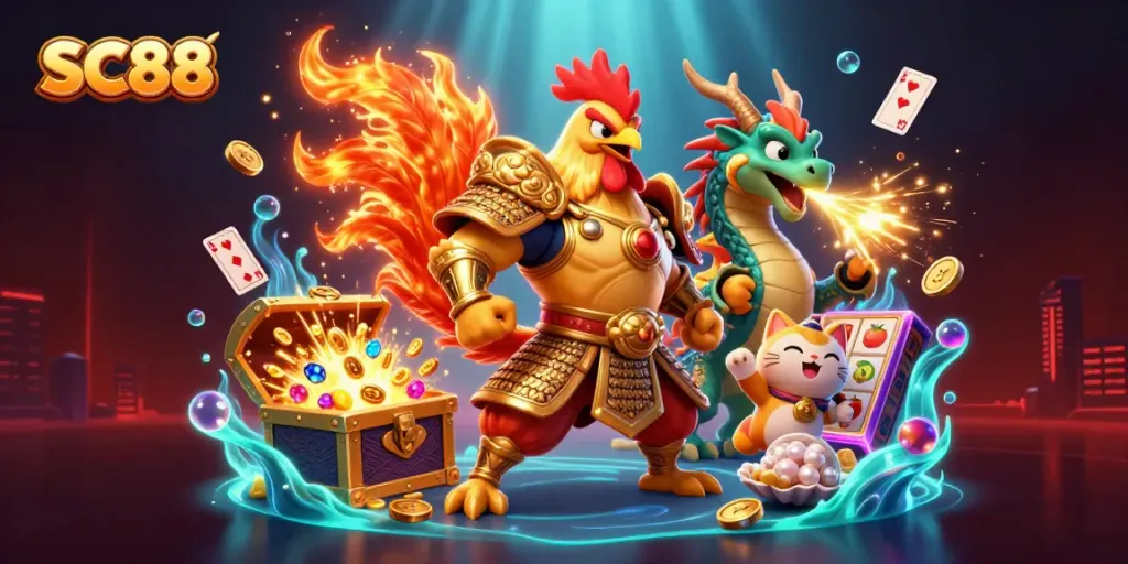 Engage with SC88 as a powerful rooster warrior and dragon hatchling playfully interact amid slot elements.