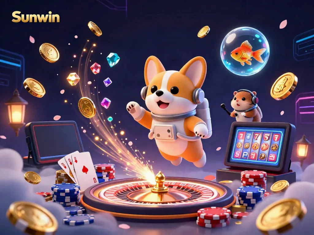 Experience excitement at Sunwin with floating corgi and dynamic casino elements in a vibrant online environment.