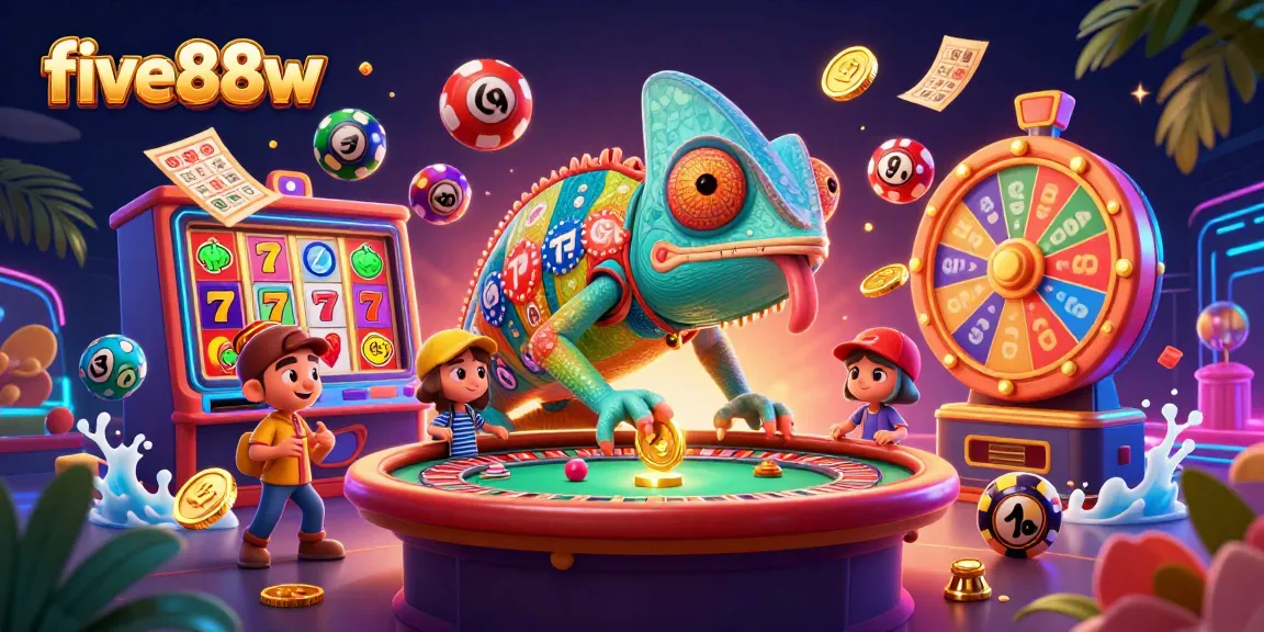 Engaging five88w casino illustration featuring a chameleon owner and dynamic gaming elements.