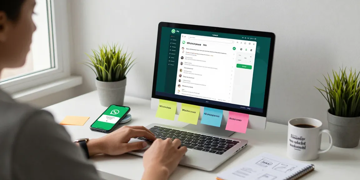 A modern home office setup showcasing WhatsApp網頁版 on a laptop, emphasizing productivity and communication.