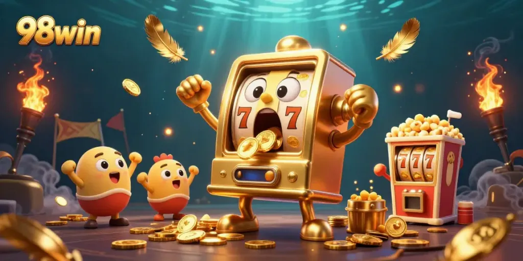 98win slot machine hitting a jackpot, surrounded by cheering baby slots and golden coins.