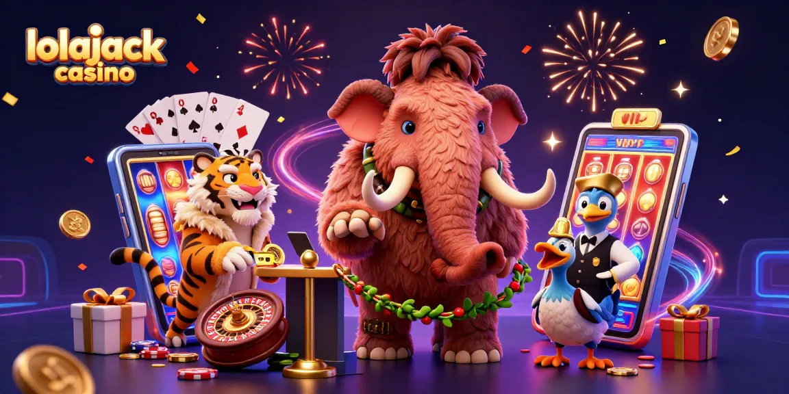 Experience the excitement of lolajack casino with a vibrant illustration featuring a woolly mammoth bouncer and slots!