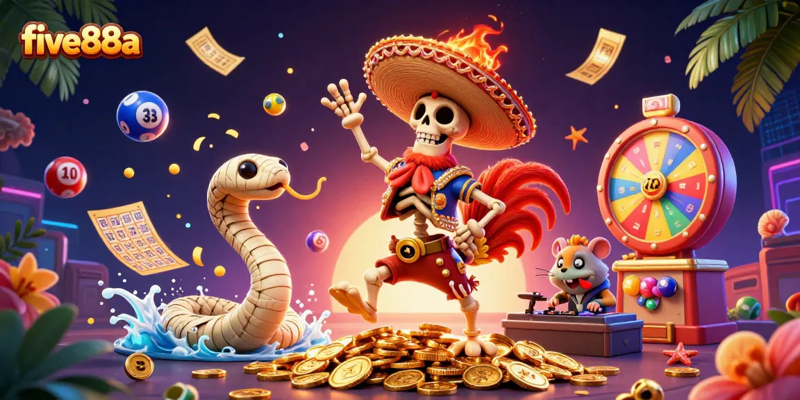 Experience casino thrills with five88a as colorful lottery balls, golden coins, and vibrant prizes fill the scene.