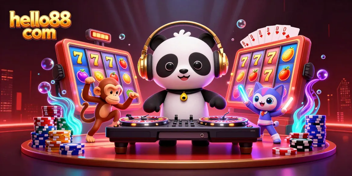 Engage in thrilling play with hello88 com, featuring colorful slot reels, 3D characters, and vibrant casino elements.