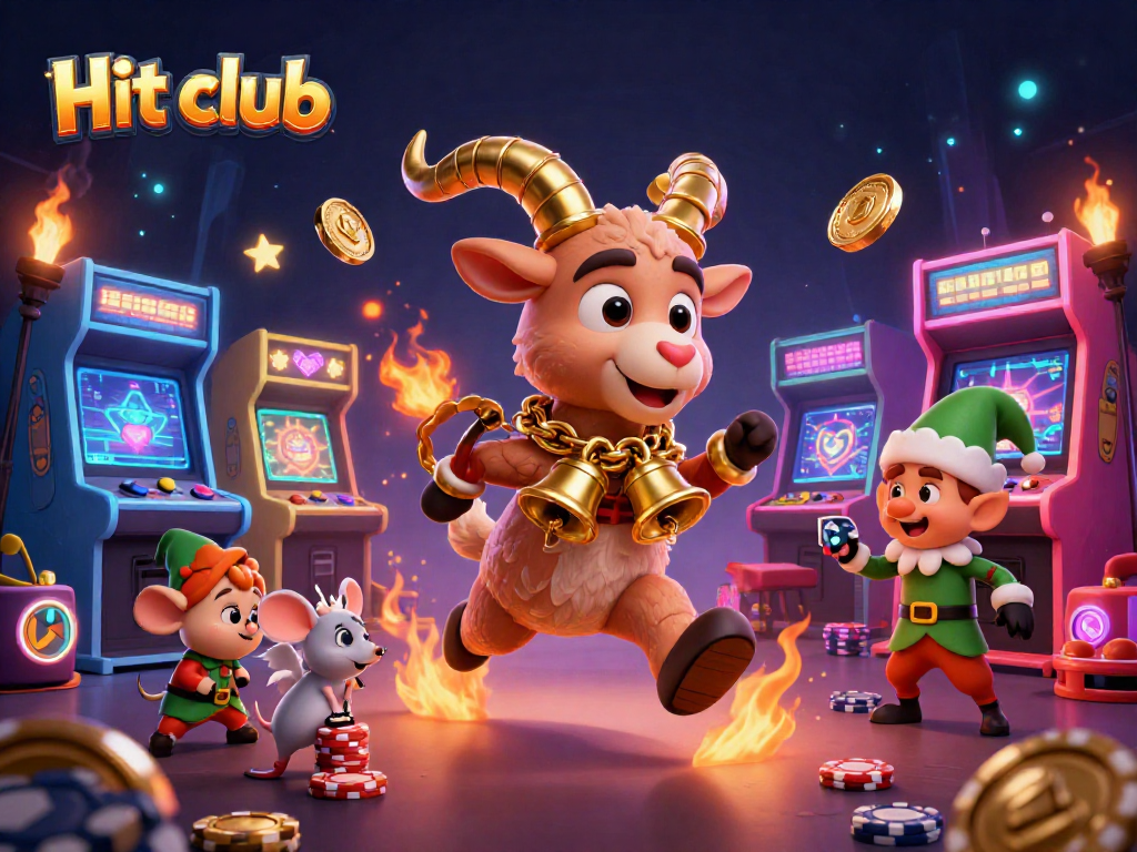 Hit club players engaging in thrilling casino games with festive characters in a vibrant, action-packed scene.