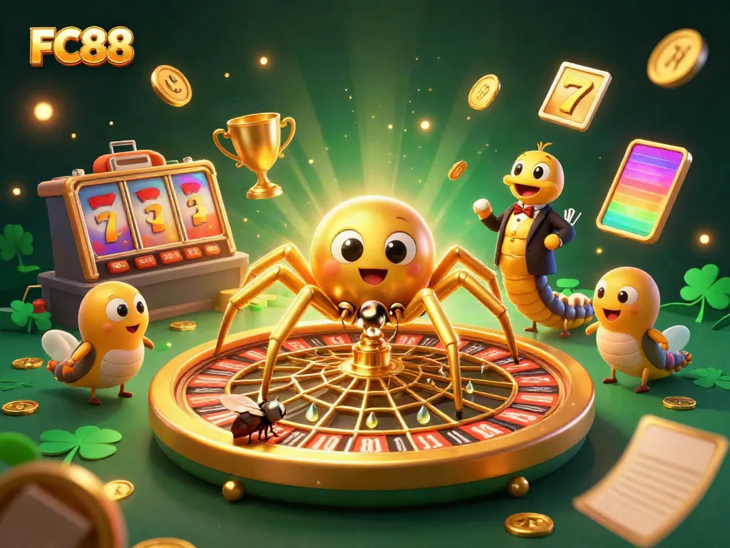 Experience the excitement of FC88 with this vibrant 3D casino illustration showcasing roulette and slot elements.