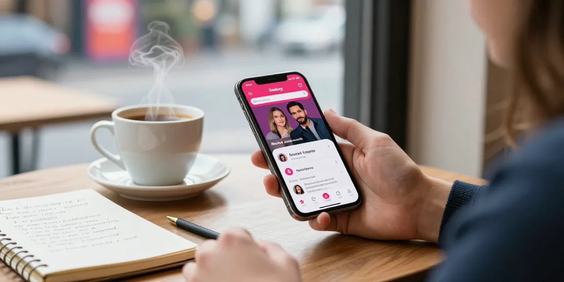 Engaging setting with f168.dating app on smartphone, cozy café, dating tips notebook.
