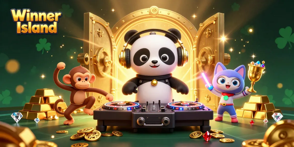 Experience the thrill at Winner Island with a vibrant casino party illustration featuring engaging characters and radiant game elements.