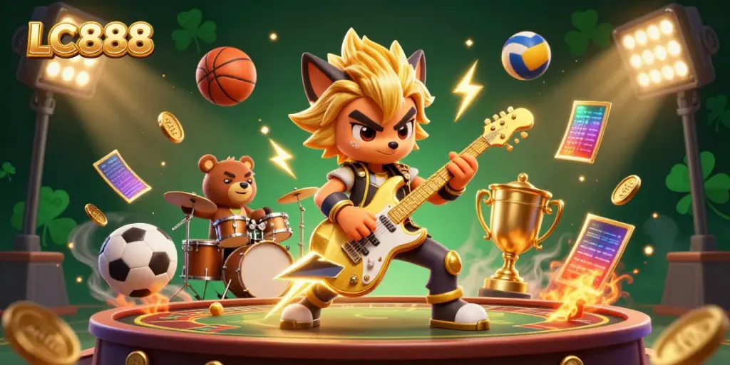 Win big at LC888 with 3D cartoon characters rocking the casino stage amidst golden elements and sports gear.