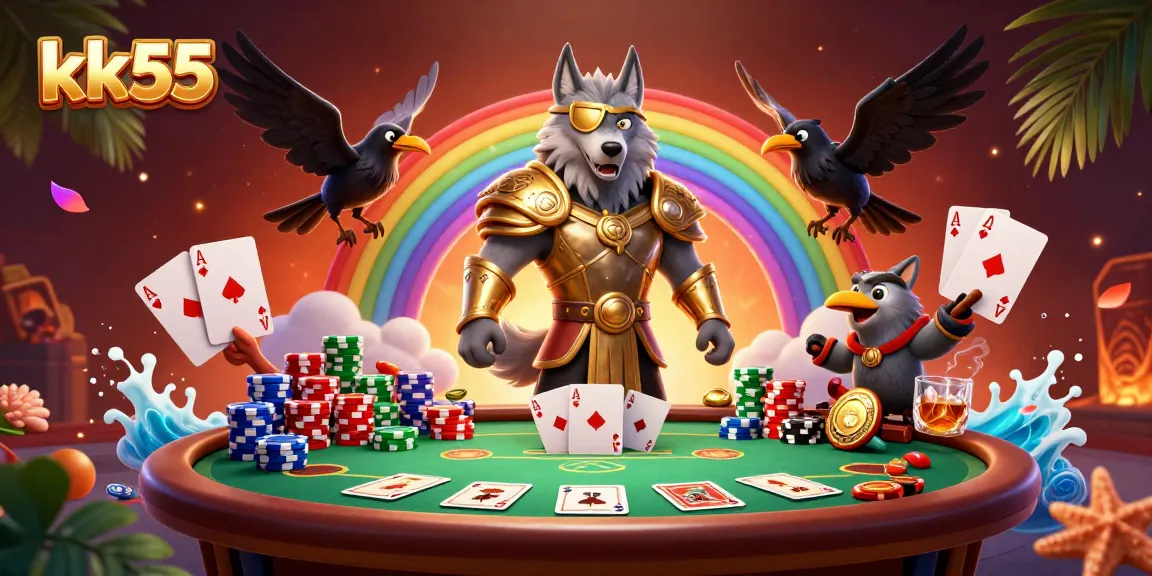 kk55 brings excitement with Odin and ravens in a lively casino setting, surrounded by poker elements.
