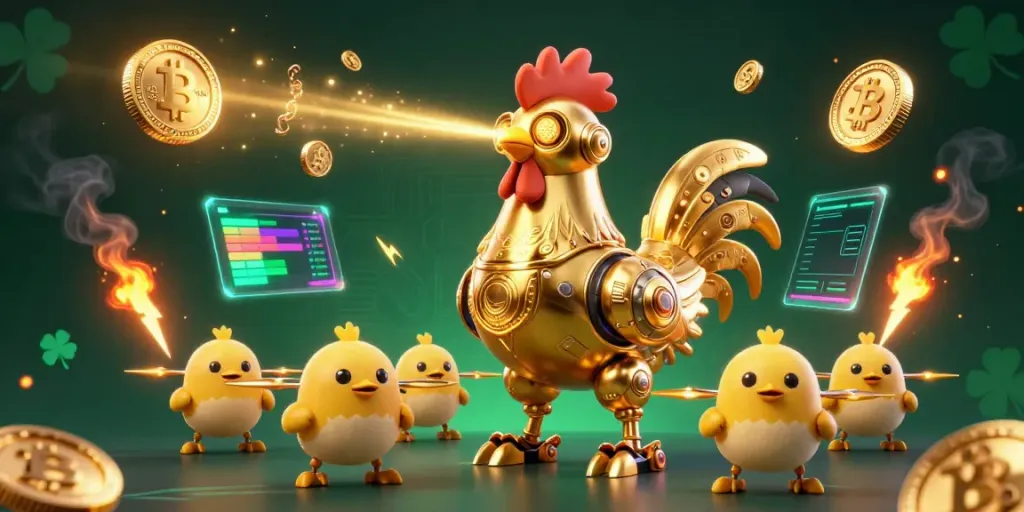 Experience the thrill of gambling with UU88 as the golden rooster robot and baby chick drones create a vibrant casino atmosphere.