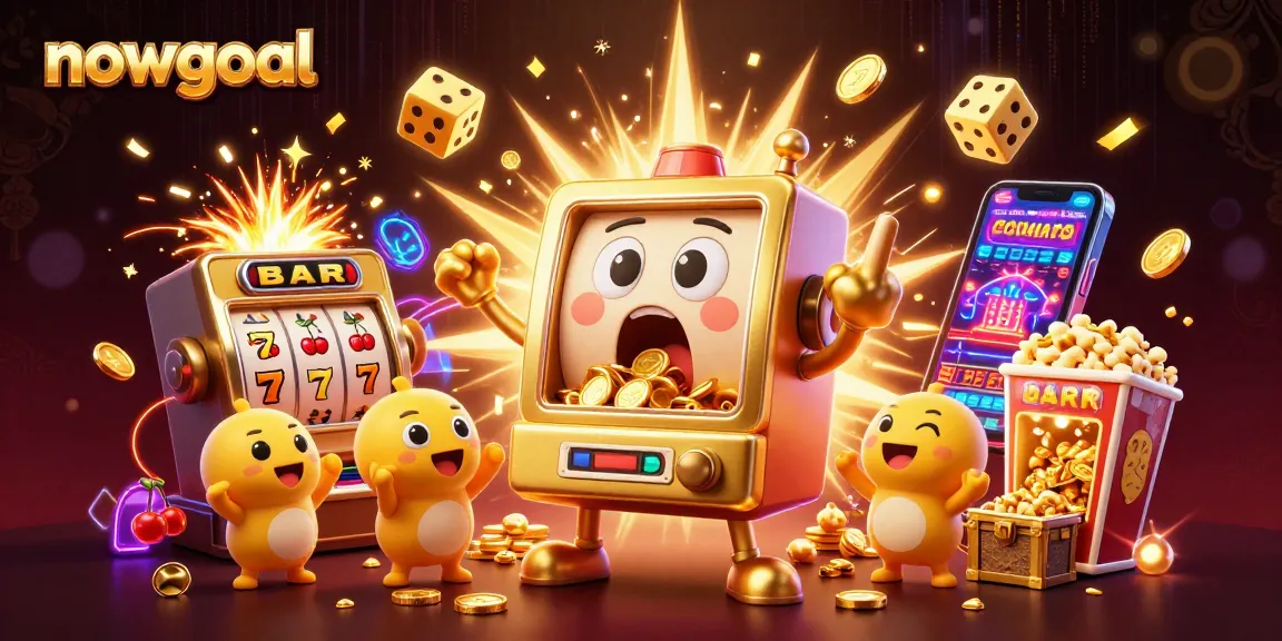 Nowgoal features a joyous slot machine hitting the jackpot, surrounded by celebratory elements.