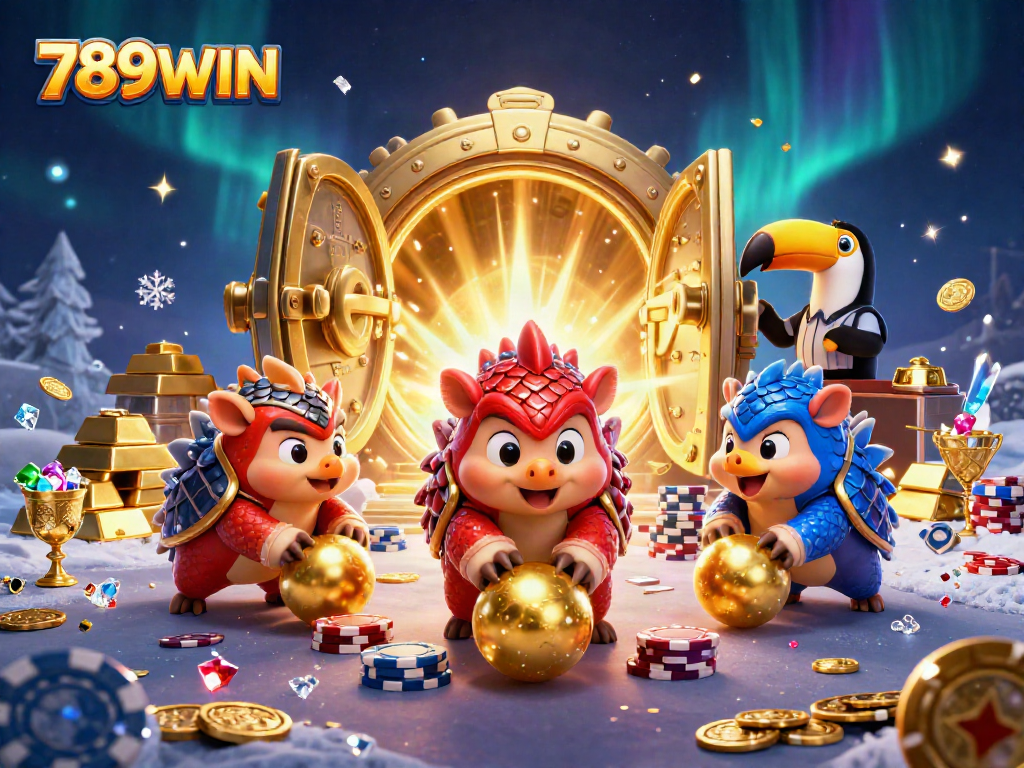 Engage in thrilling 789WIN games with animated pangolins rolling poker chips in a vibrant casino scene.