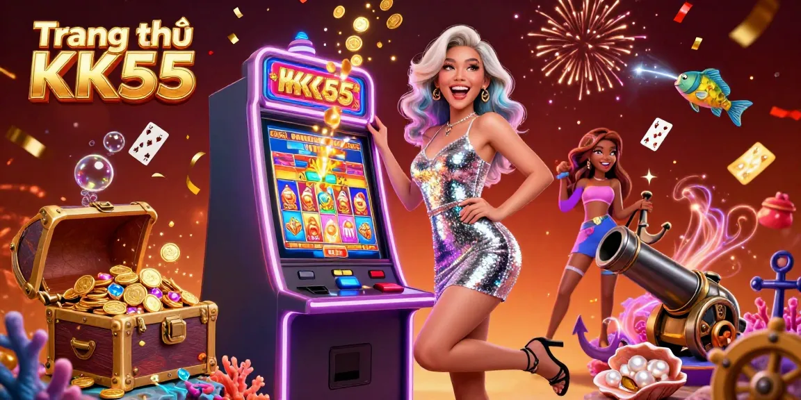 Spin and win at Trang chủ KK55, featuring a lively casino scene with an excited player celebrating a jackpot win.