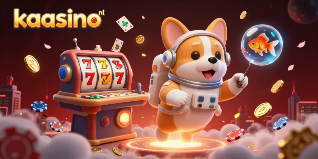 Engage with the exciting world of kaasino nl as a floating astronaut corgi navigates a vibrant casino.