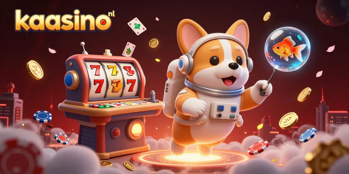 Engage with the exciting world of kaasino nl as a floating astronaut corgi navigates a vibrant casino.