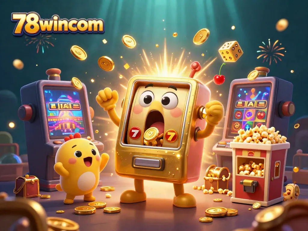 Players enjoy 78wincom's exciting jackpot moments with dynamic slot machines and coins raining down.