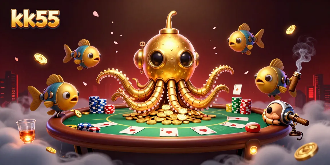 Experience exhilarating gameplay with kk55's golden kraken submarine amidst vibrant poker elements.