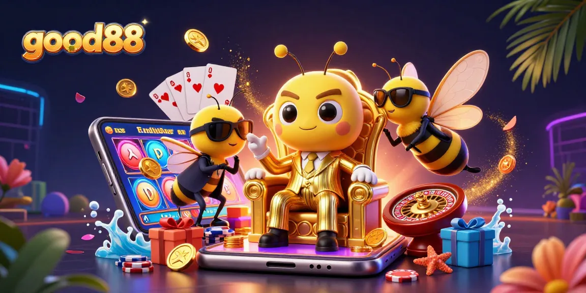 Experience vibrant gameplay thrills with good88 amidst a dynamic casino scene featuring a bumblebee mob boss and rich gaming elements.