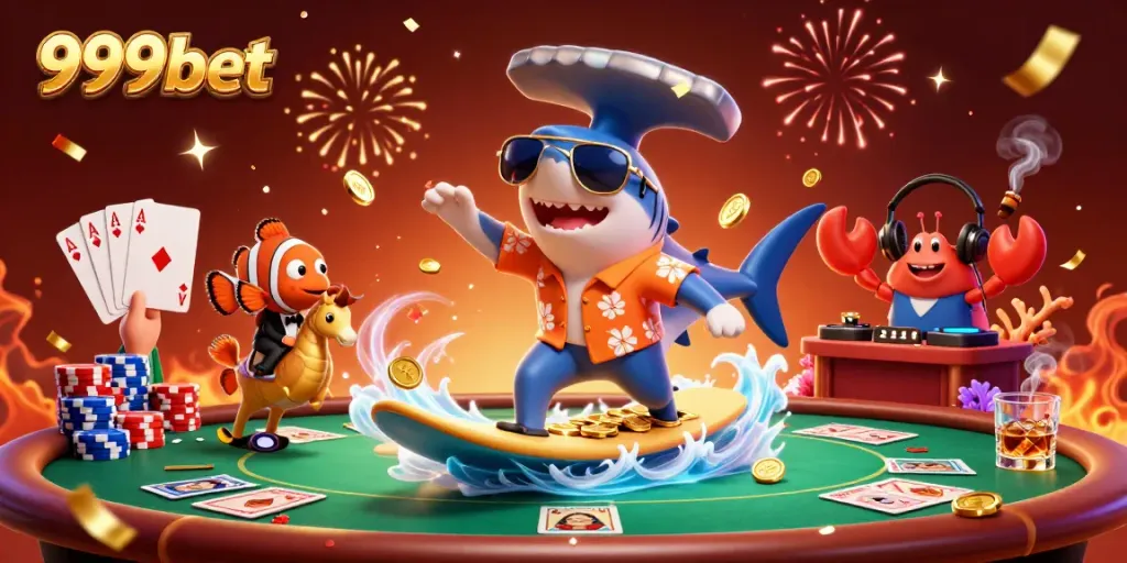 Catch the thrilling action of 999bet with a vibrant underwater casino scene featuring a shark, clownfish, and crab.