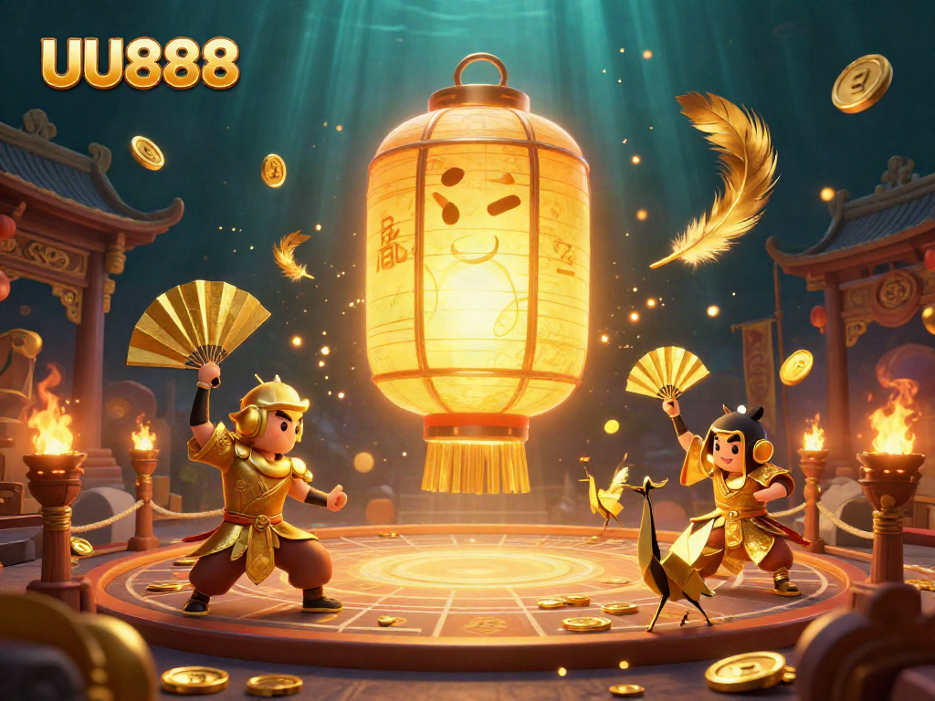 Engage with UU888 as a luminous lantern spirit floats over a vibrant casino scene brimming with excitement.