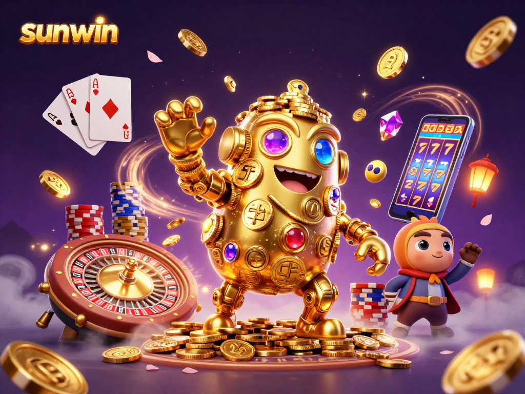 Win big with sunwin in a dynamic casino illustration featuring a golden golem and gaming elements.