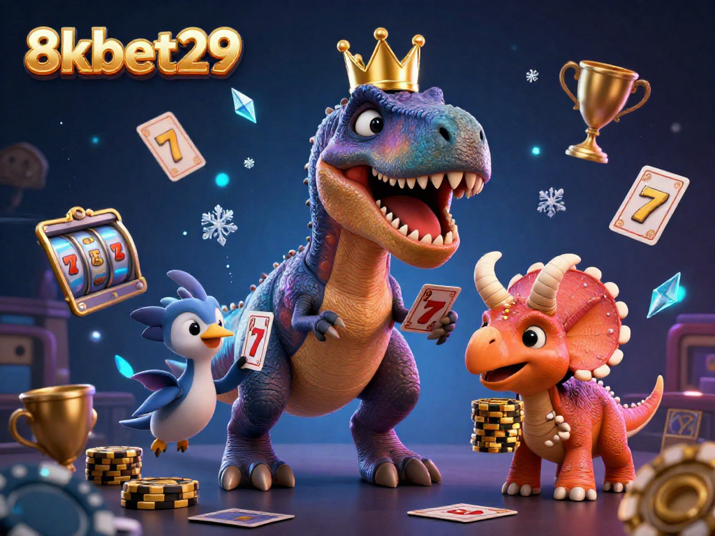 Engage with 8kbet29's thrilling scene of a T-Rex learning to shuffle cards and stack chips.