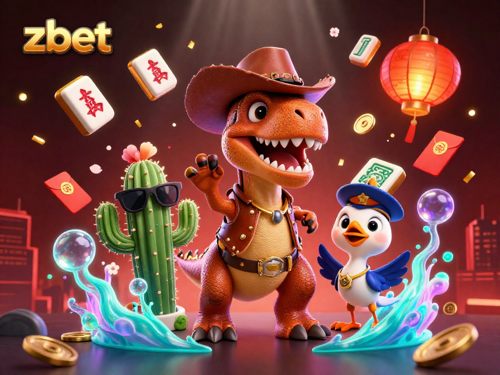 Engage in thrilling bets with zbet featuring a T-Rex, cactus, and roadrunner in a vibrant casino scene.