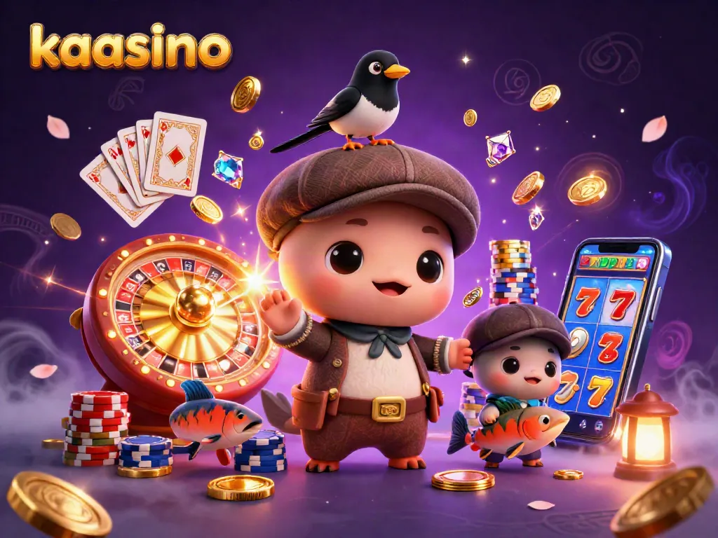 Experience the exciting magic of kaasino with playful characters, golden coins, and casino elements in a rich scene.