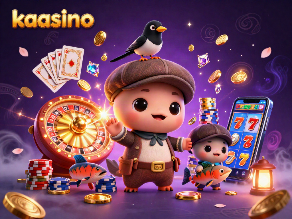 Experience the exciting magic of kaasino with playful characters, golden coins, and casino elements in a rich scene.