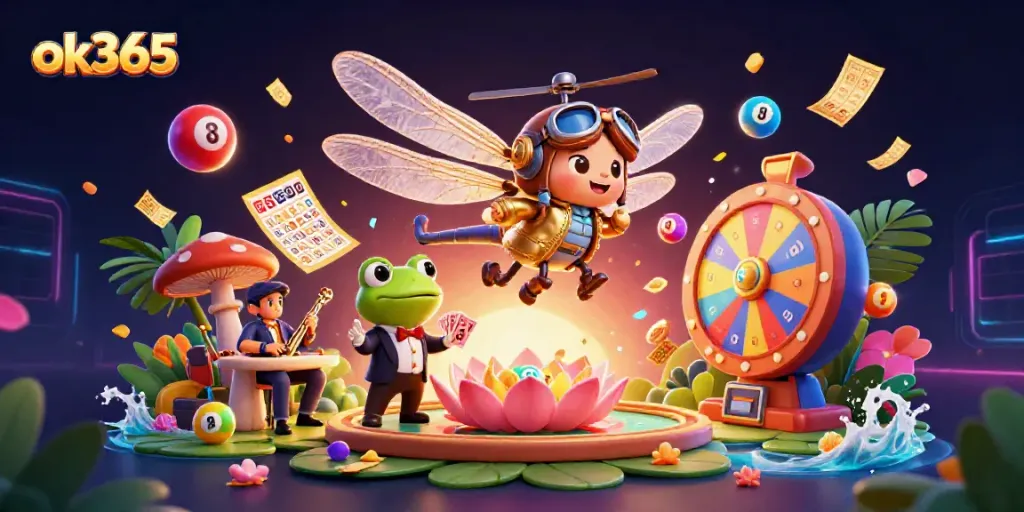 Engage with ok365's vibrant 3D casino scene featuring a cartoon dragonfly pilot, frog croupier, and colorful lottery elements.