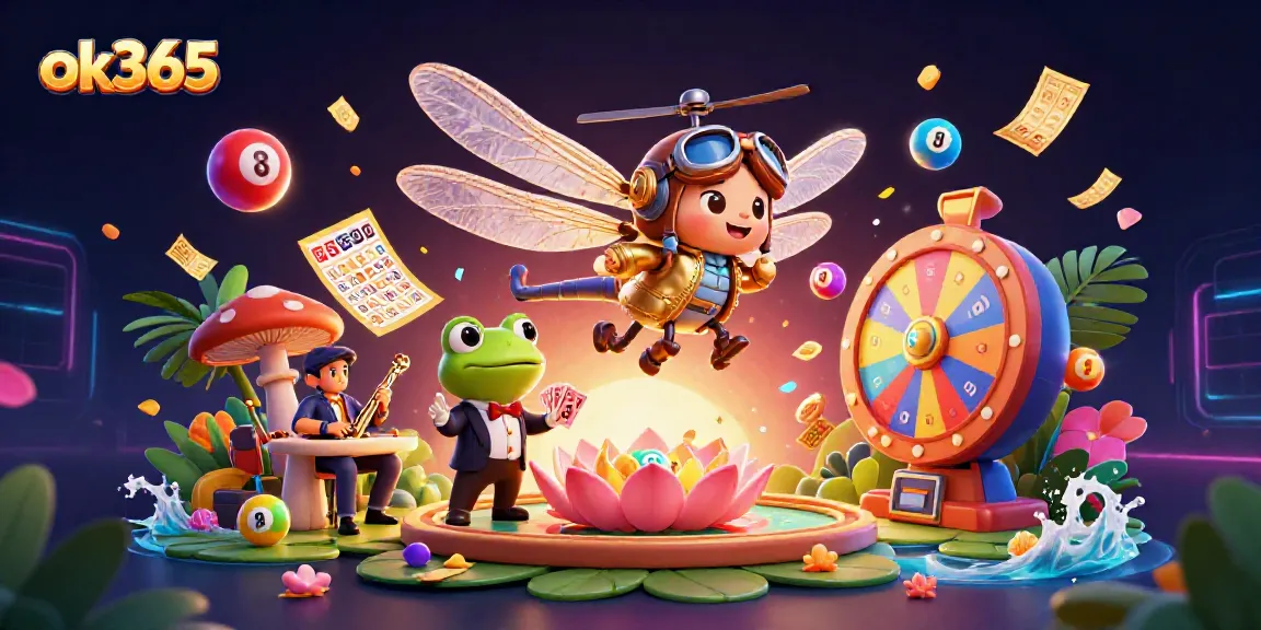 Engage with ok365's vibrant 3D casino scene featuring a cartoon dragonfly pilot, frog croupier, and colorful lottery elements.