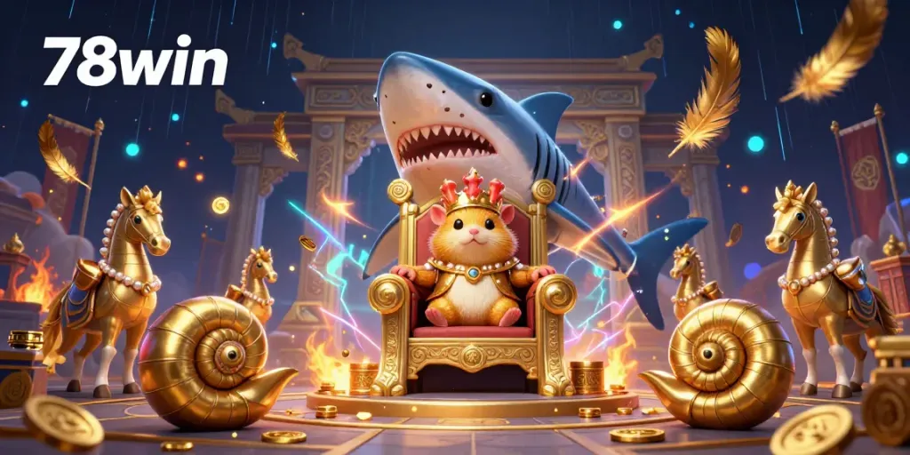 Experience thrilling gaming action at 78win with a golden hamster king presiding over a vibrant casino scene.
