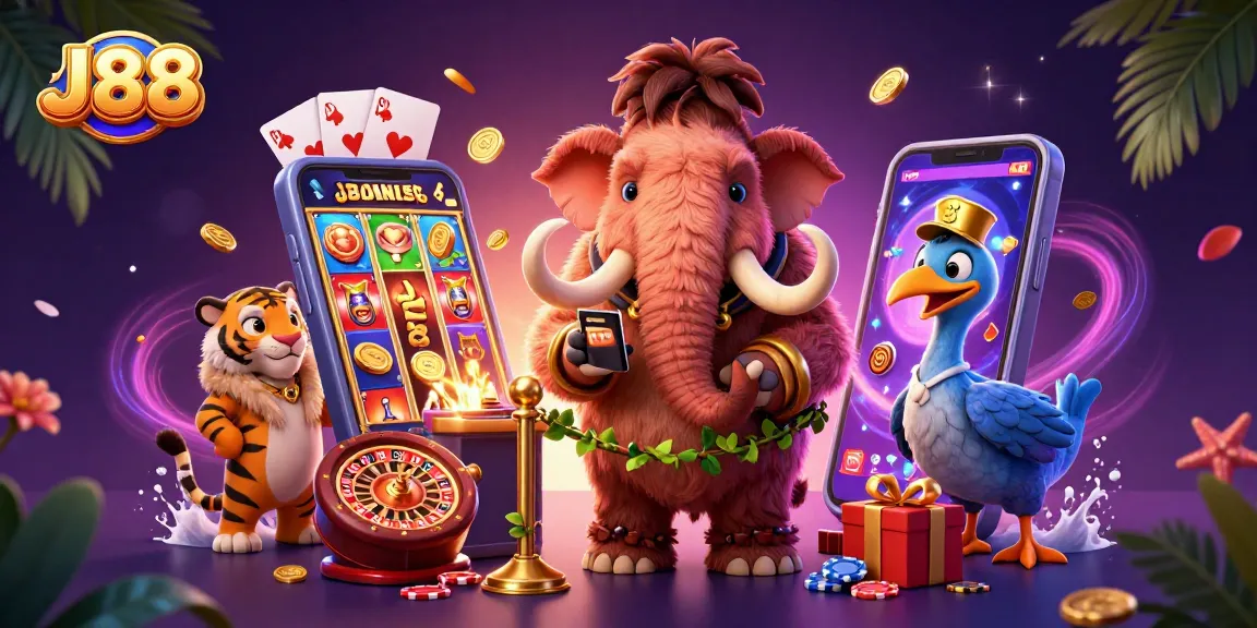 Experience the excitement at J88 with a vibrant casino scene featuring a woolly mammoth bouncer and VIP guests.