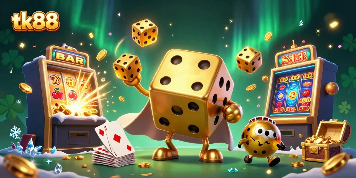 Engage with tk88's lively casino scene featuring a dynamic golden dice golem and jackpot elements.