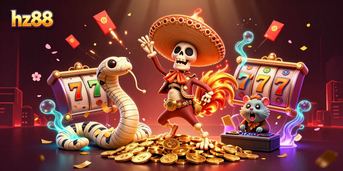 Experience thrilling gameplay with hz88, featuring a dynamic casino scene of dancing characters surrounded by slot reels and confetti.