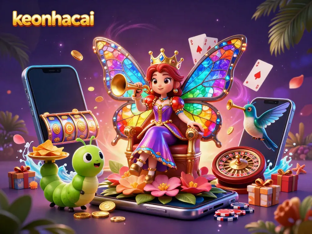 Engage with the vibrant keonhacai world through this ultra-detailed 3D casino illustration filled with colorful game elements.