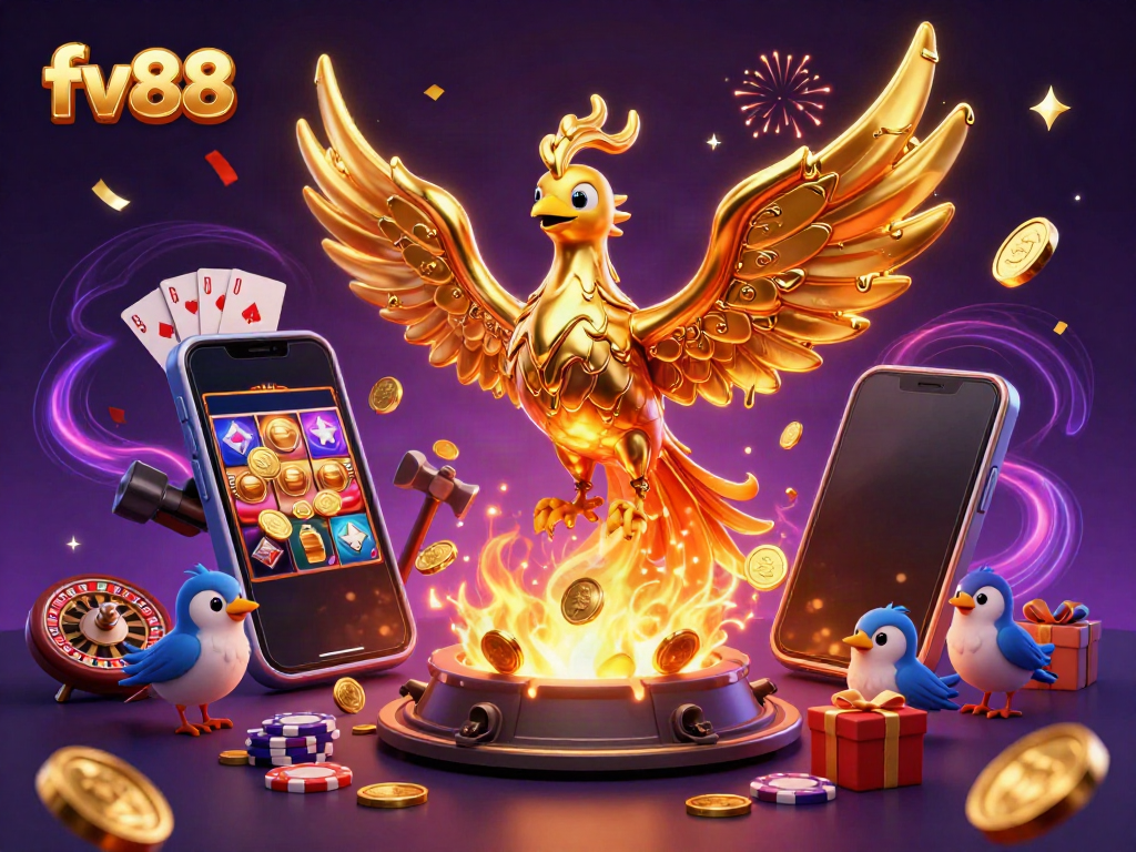 Experience exciting gaming at fv88 with a golden phoenix and vibrant casino elements.