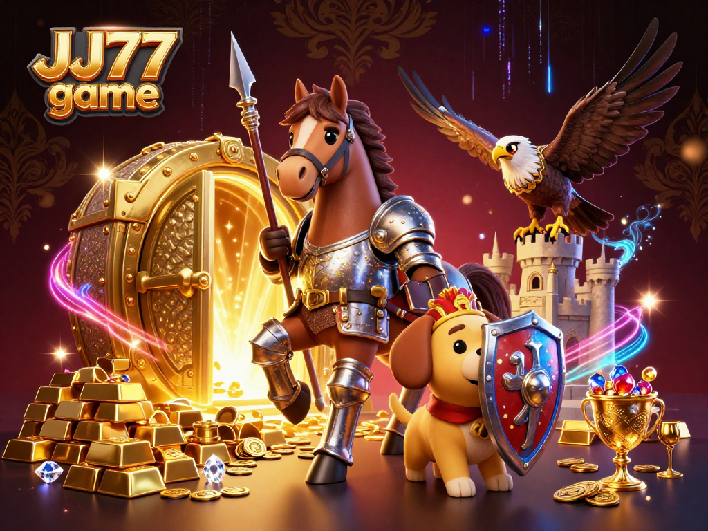 Win big with the JJ77 game in this vibrant 3D casino adventure scene.