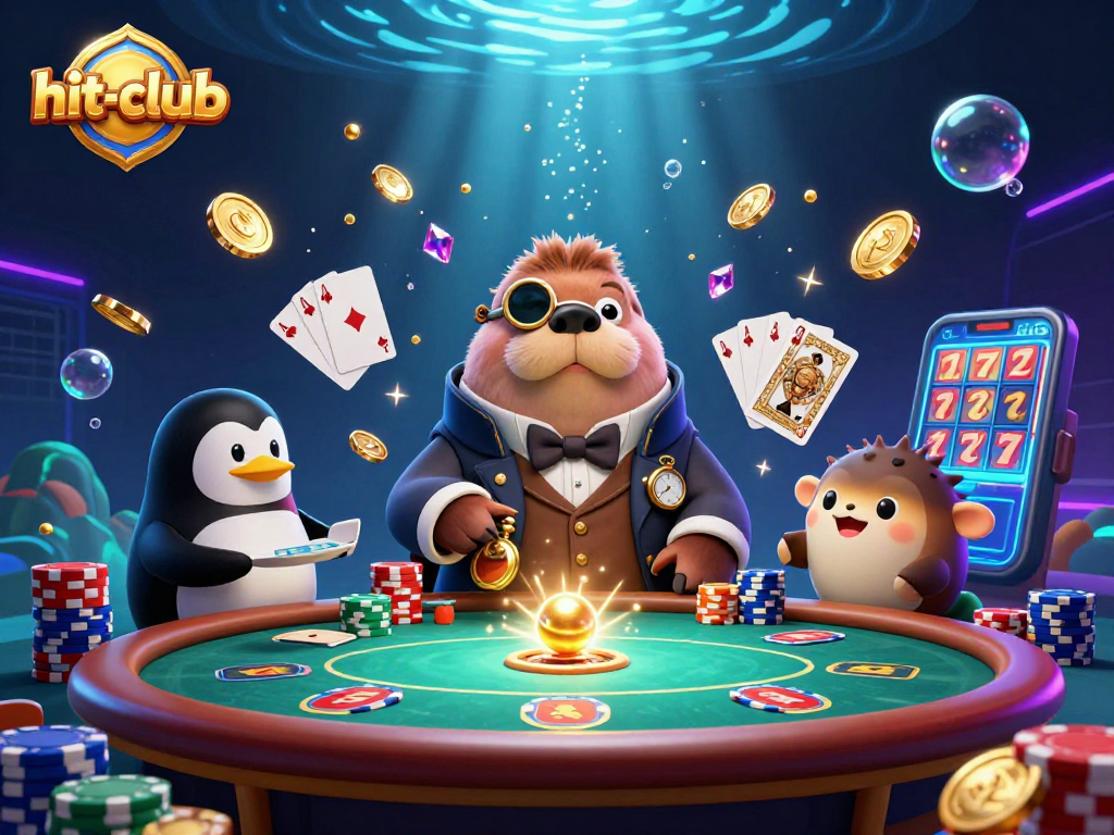 Experience thrilling poker action at hit-club, featuring a walrus dealer and a pufferfish player amid cascading coins.