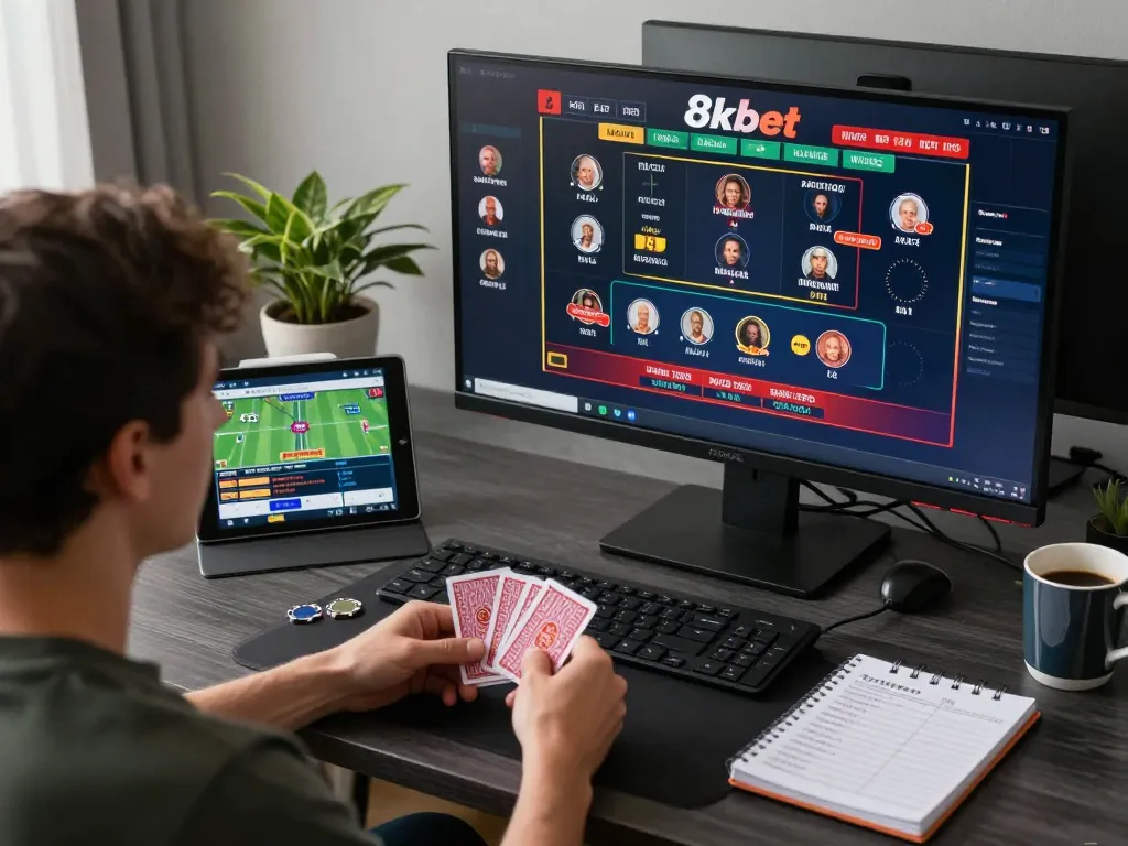 Engaging in online gambling at 8kbet with multiple games displayed on screen, emphasizing strategy.