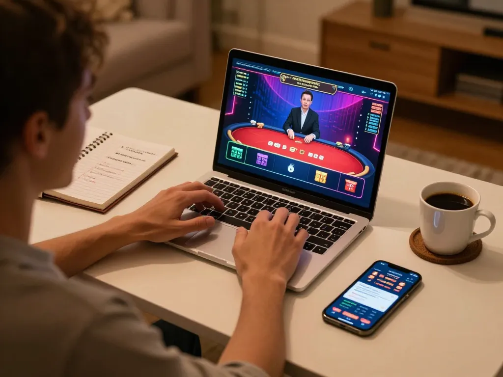 uk88 online gaming setup where a player engages with a live poker game, focused gameplay in a cozy environment