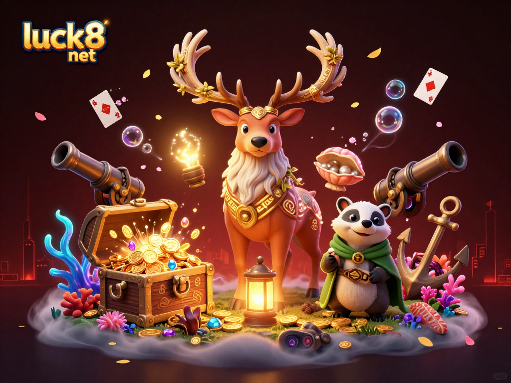 Engage in thrilling bets at luck8 net, illustrated with vibrant casino elements and magical characters.